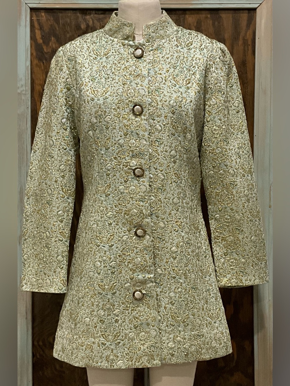 Vintage Justin McCarty Metallic Gold & Cream Brocade Dress Jacket- Pearl Buttons